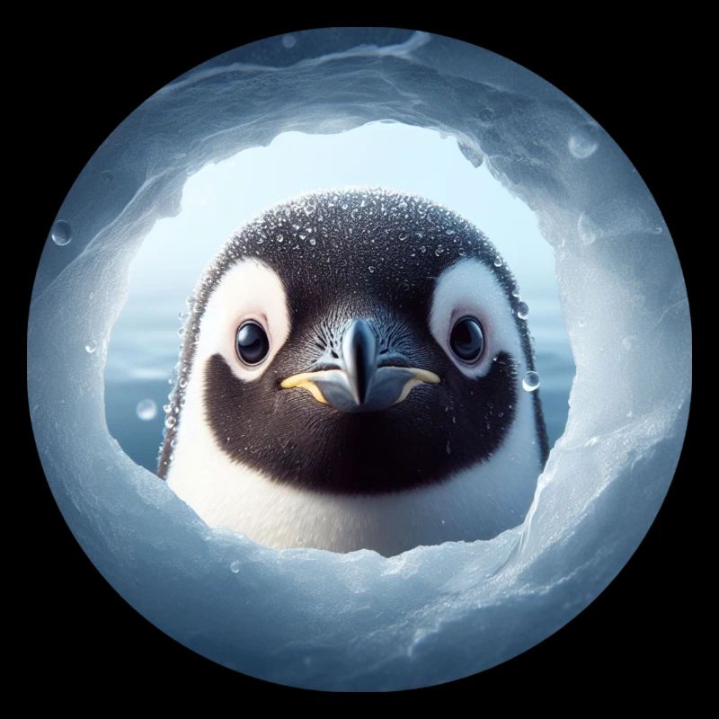 Pinguin schaut durch Schnee Loch