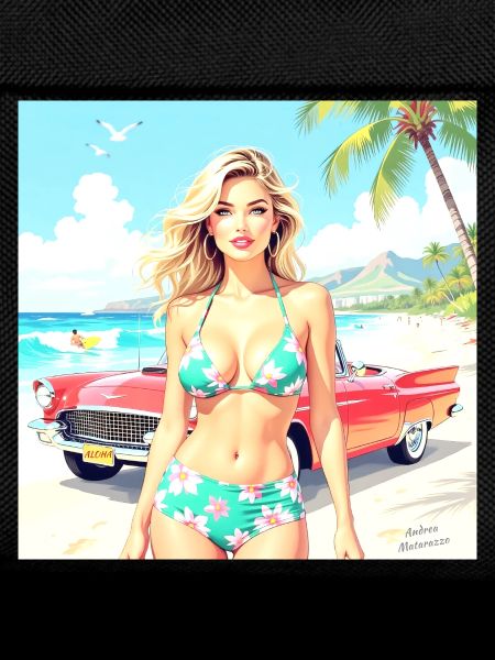 Frau am Strand mit Oldtimer