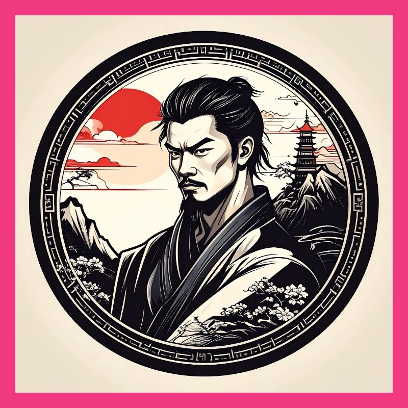 Samouraï dans un cadre circulaire au coucher du soleil