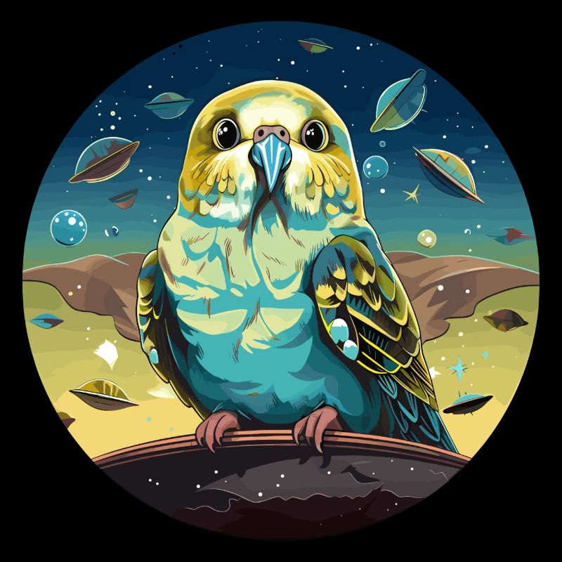 Funny budgie with UFOs in space