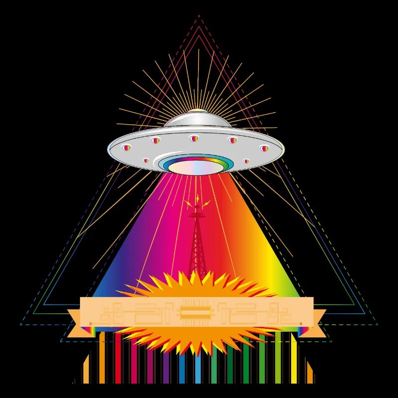 UFO over a glowing rainbow triangle