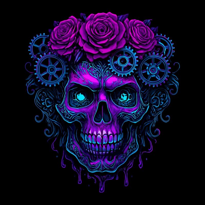 Neon Kybernetisch Schädel mit rosa Zahnrädern