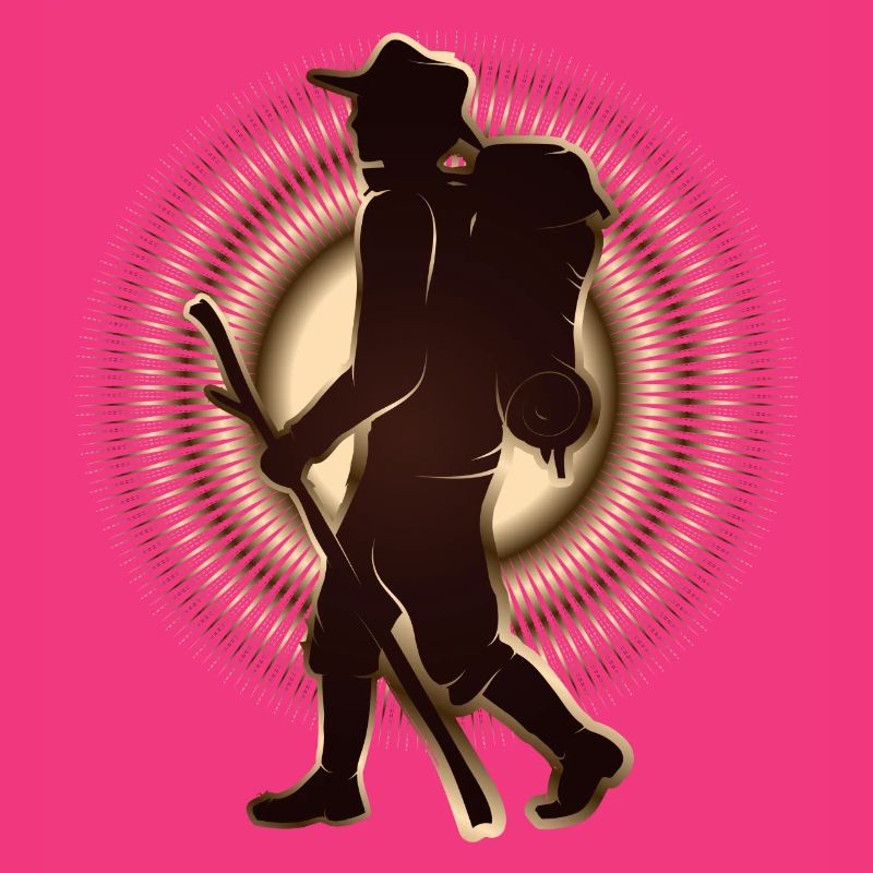 Pilgrim or hiker with walking stick & backpack