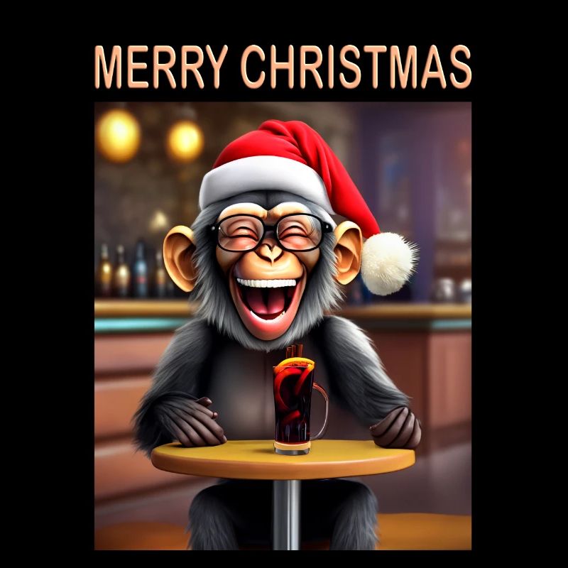 Affe feiert Weihnachten mit Mütze und Getränk