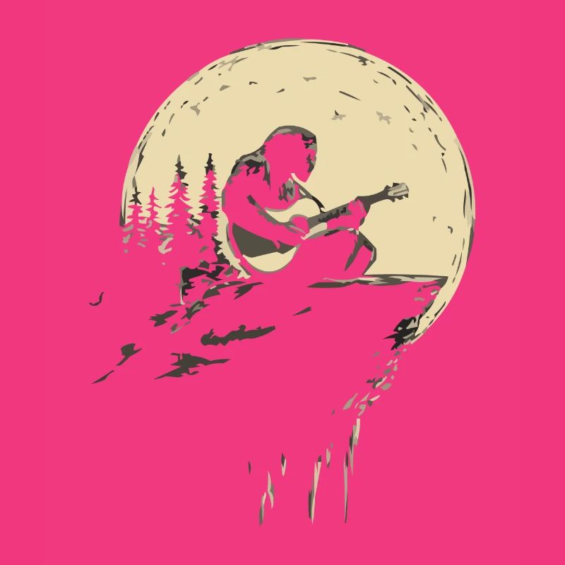 Guitar player in the moonlight on rocks