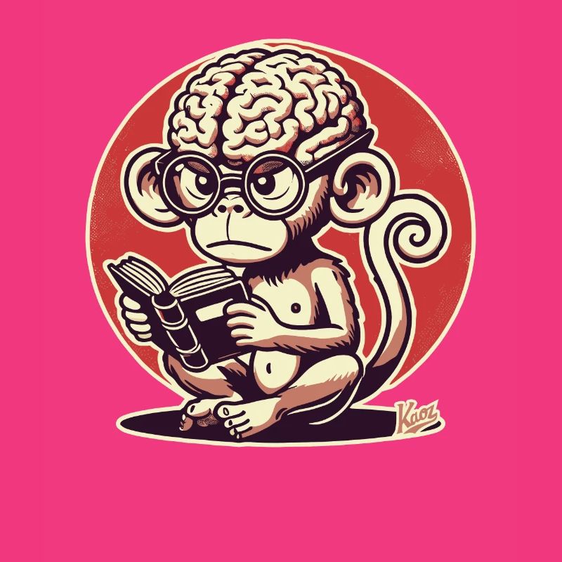 Nerd-Affe mit großem Geirn liest ein Buch