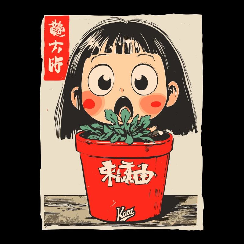 Cartoon Mädchen hinter einem Blumentopf