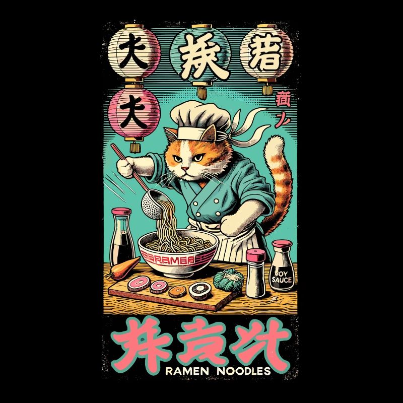 Ramen Chef Cat Kawaii Retro Japan Ukiyo-E