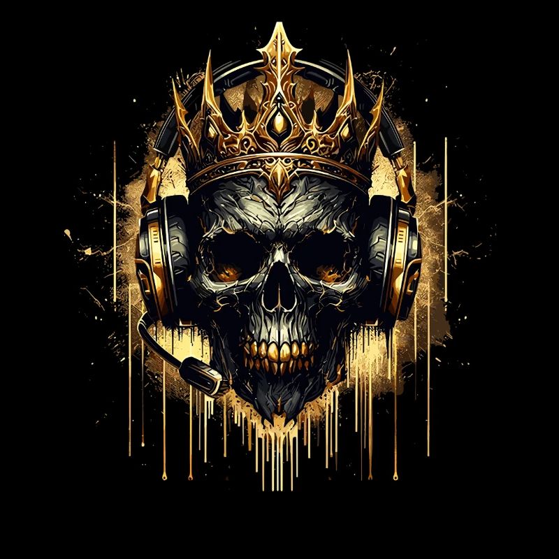 Golden Gaming Skull with Crown and Headset