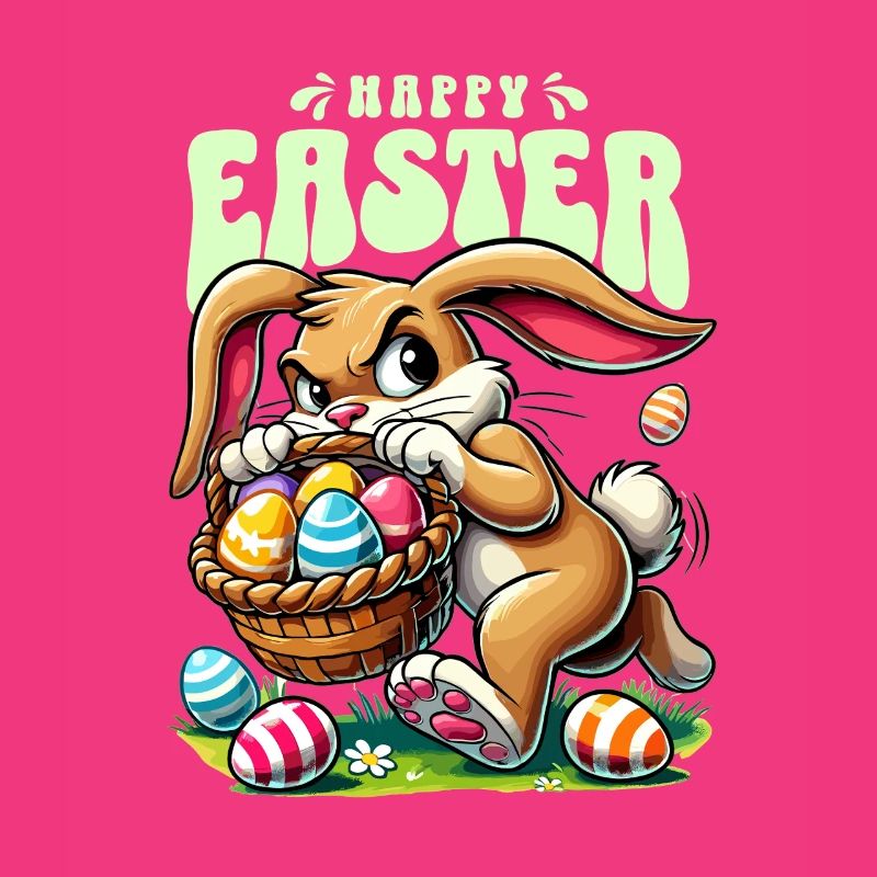 Happy Easter: Playful bunny with Easter eggs
