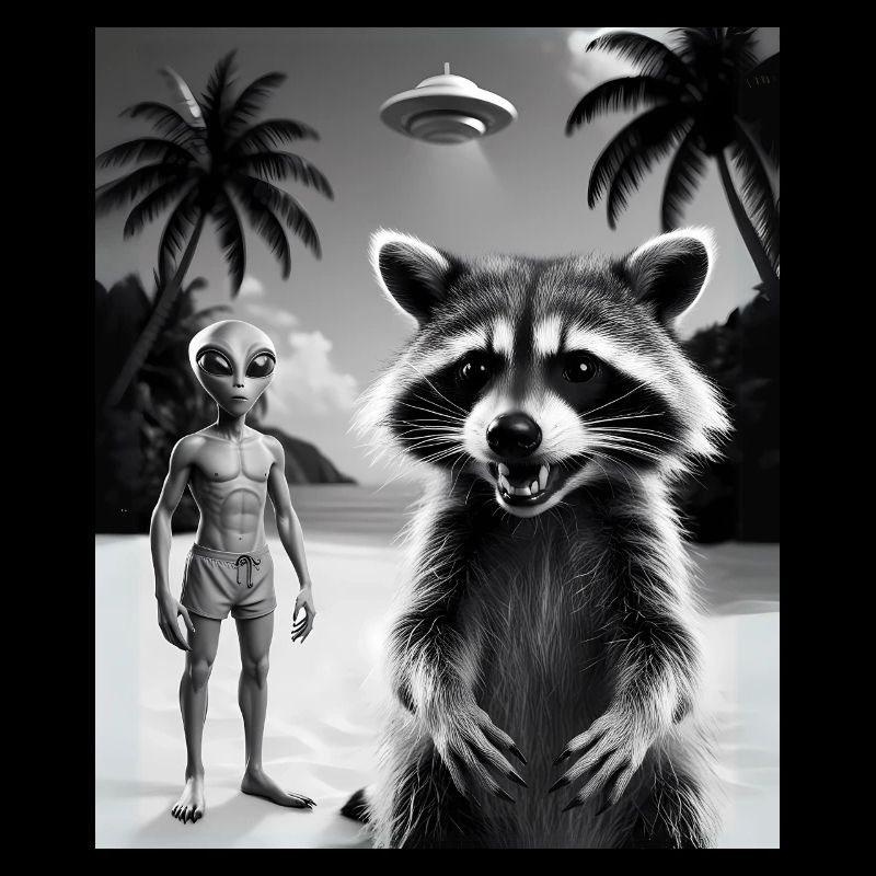 Waschbär macht ein Selfie am Strand mit Alien