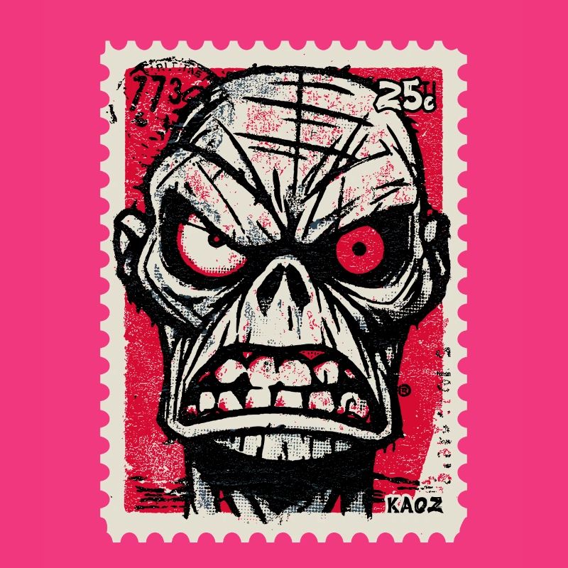 Angry skull on postage stamp
