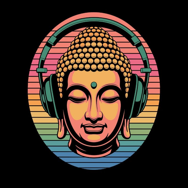 Buddha mit Kopfhörern Achtsamkeit Musik Boho Zen