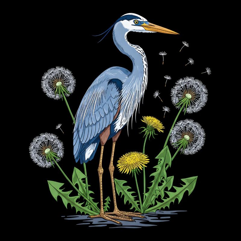 Blauer Reiher und Löwenzahn