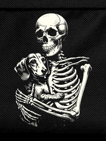 Skeleton hugging dachshund