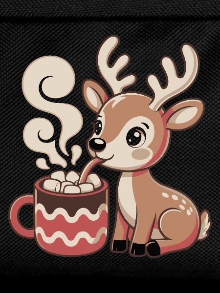 Cuddly deer drinks cocoa
