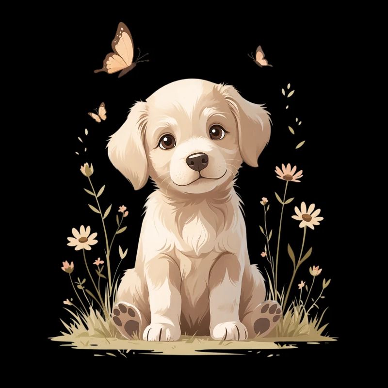Chiot tendre sur la prairie fleurie