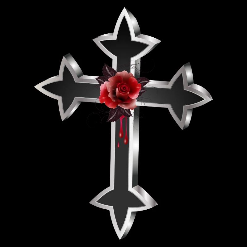 black silver gothic cross with red rose
