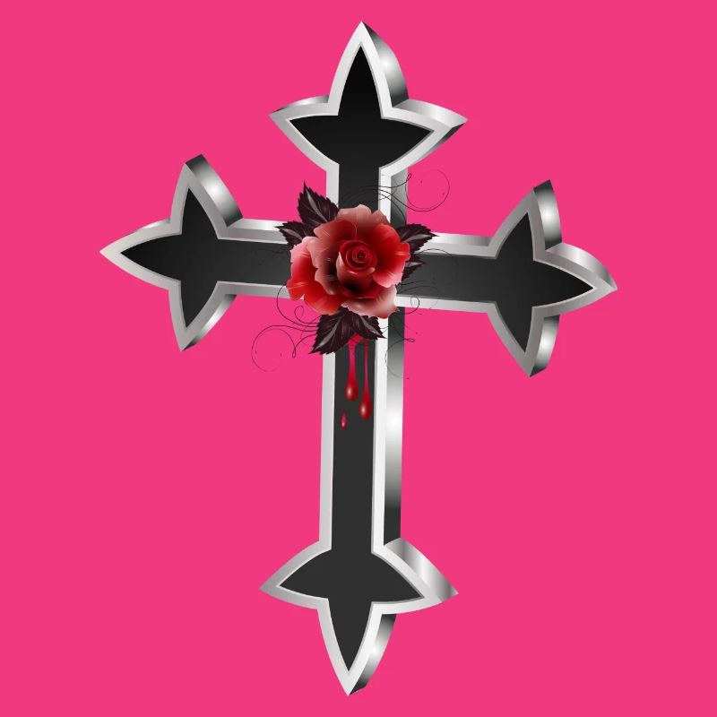 black silver gothic cross with red rose