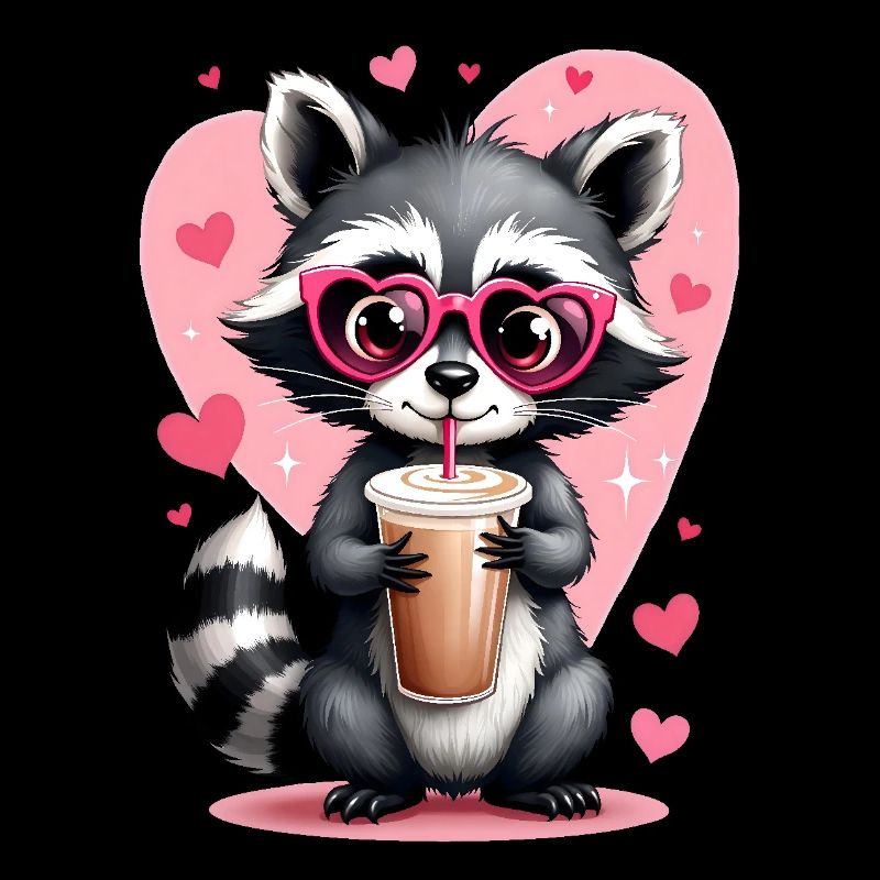 Cute raccoon with coffee surrounded by heart