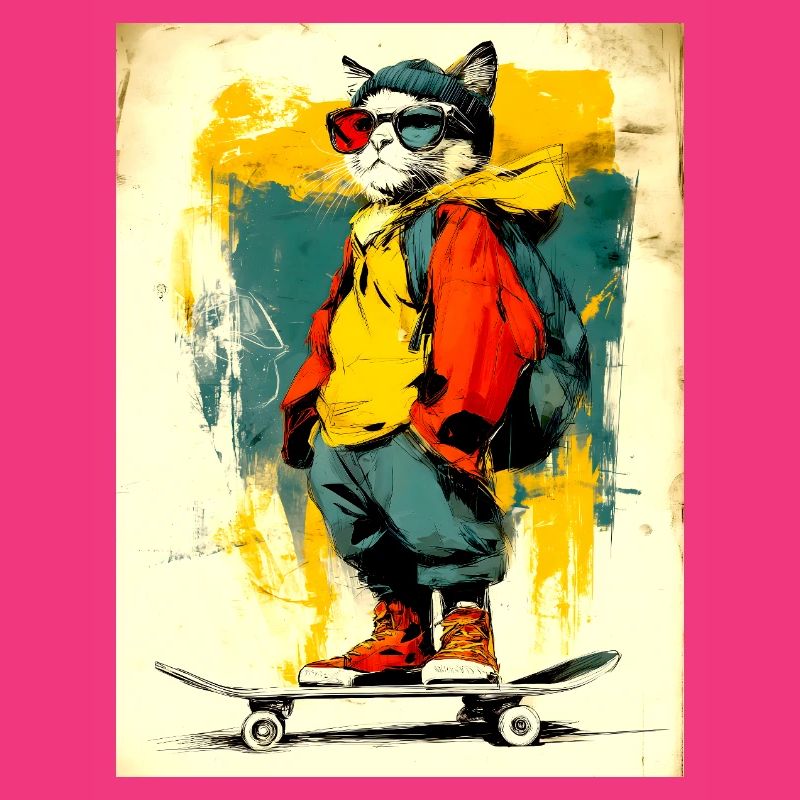 Chat cool sur le skateboard - moderne, élégant