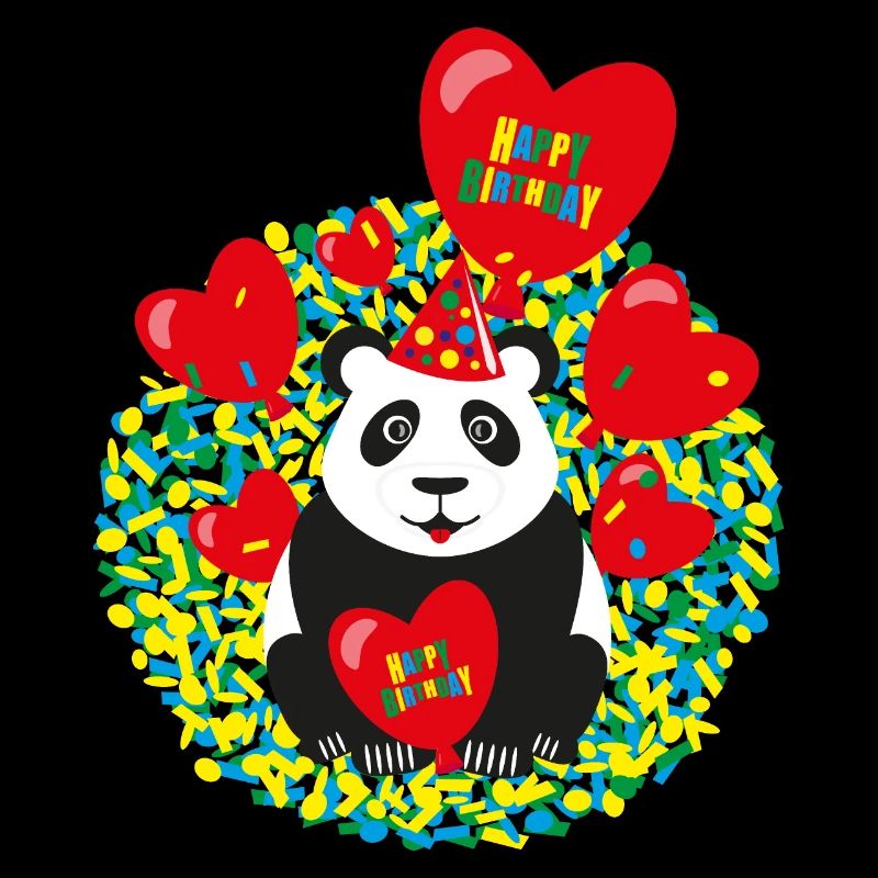 Panda mit roten Luftballons und Konfetti.