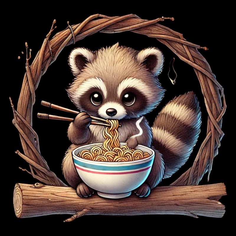 Süßer Waschbär isst Ramen-Nudeln