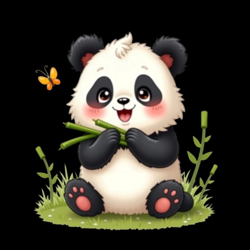 Mignon panda de dessin animé avec bambou et papillon