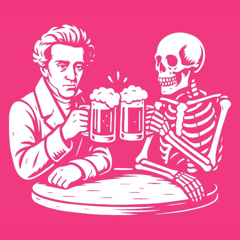 Soren Kierkegaard drinking beer with skeleton