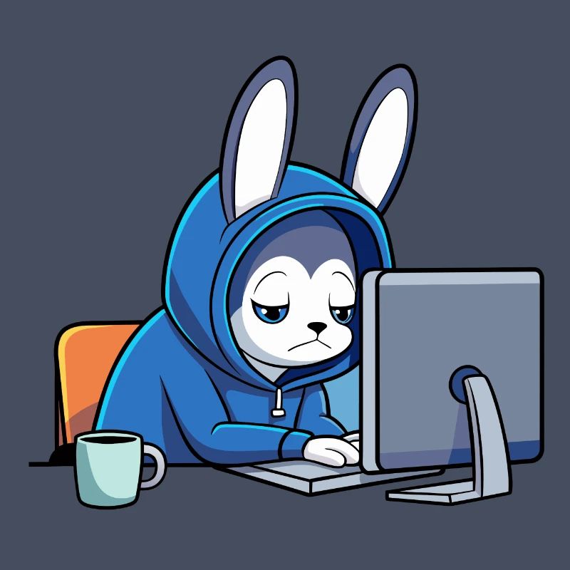 Un lapin hacker mignon dort dans un sweat à capuche devant le PC