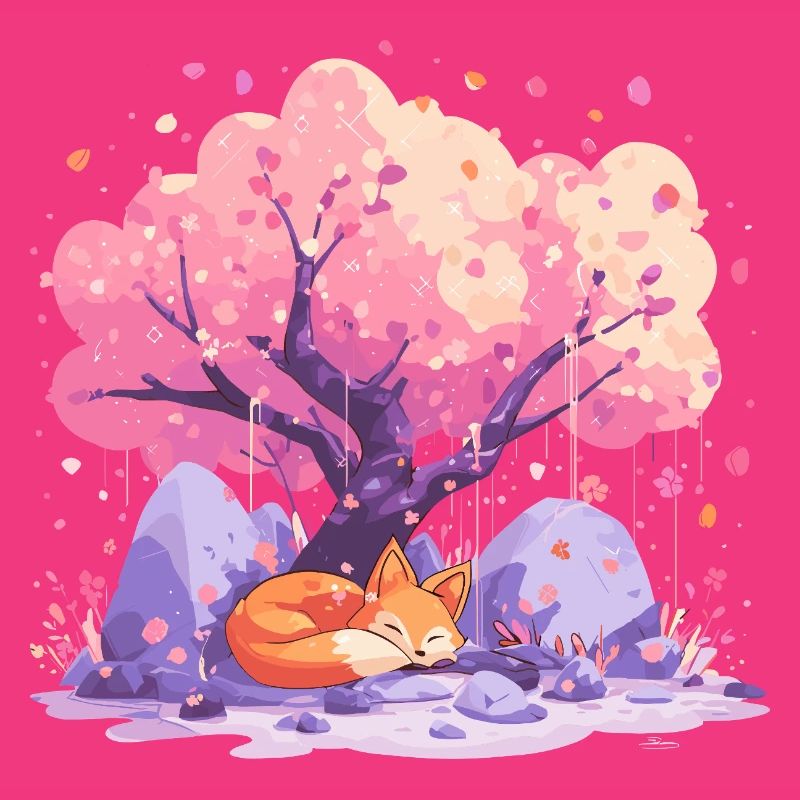 Sleeping fox under cherry tree