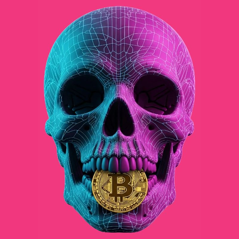 Bitcoin Skull Wireframe Design Cyan Magenta