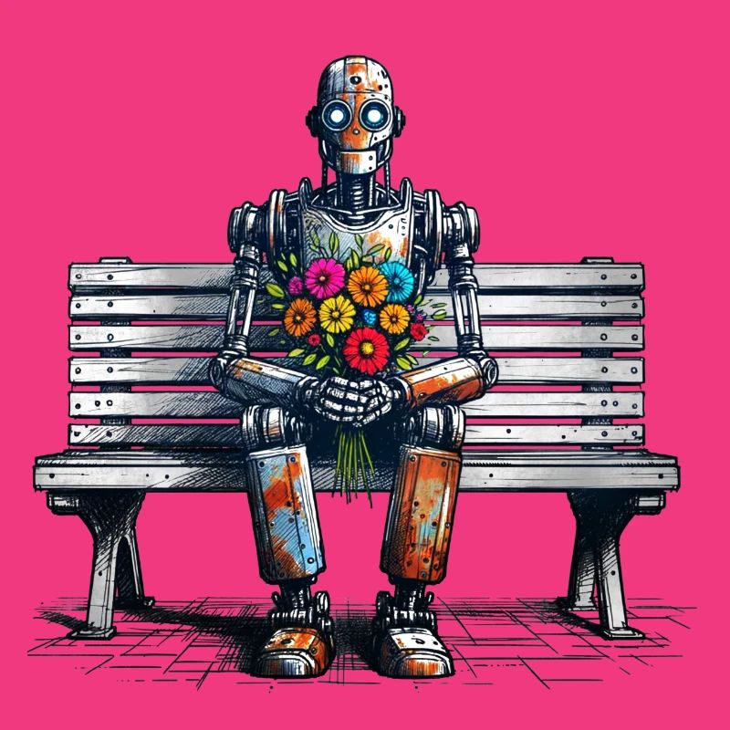 Robot Bench Flowers Robot Love Rusty Art