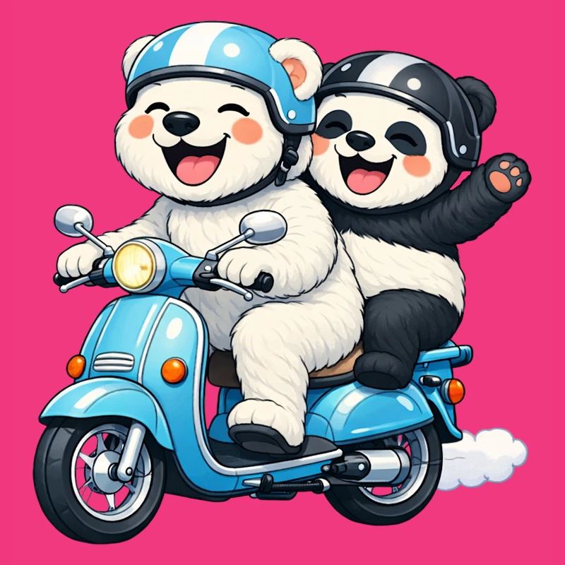 Eisbär und Pandabär auf einem Roller