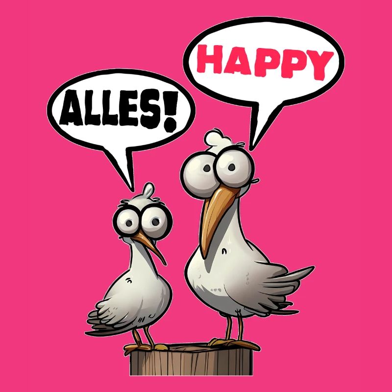 Humorous seagulls with speech bubbles everything happy