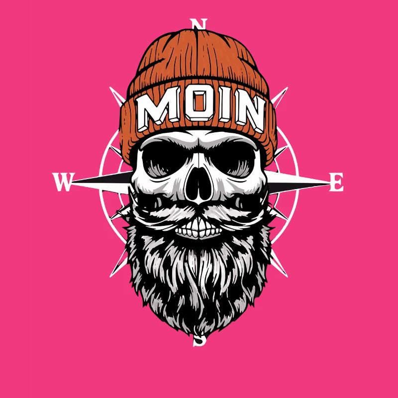 North German Biker Skull with Beard & Wind Rose Moin
