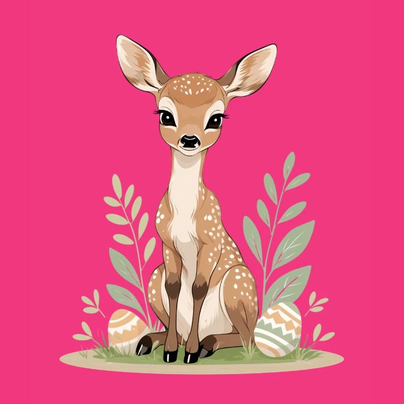 Fawn in spring with leaves