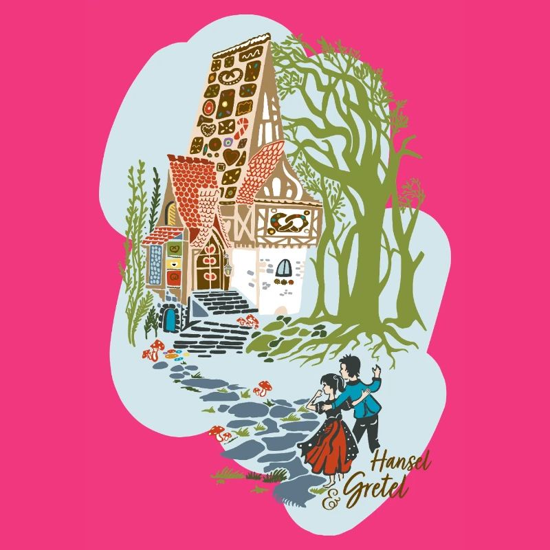 Hansel et Gretel devant la maison de la sorcière