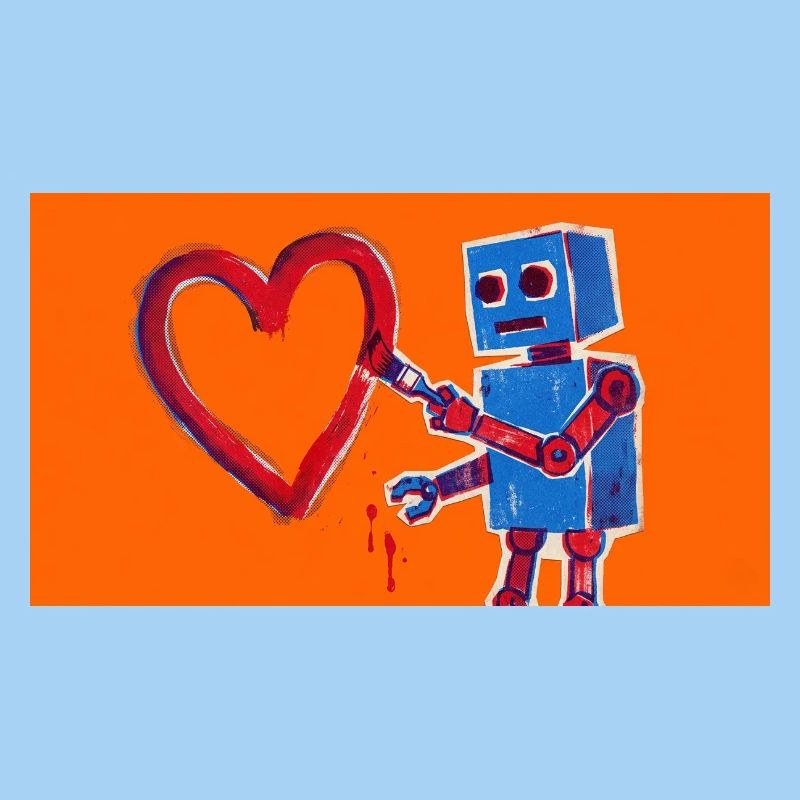 Robot heart on neon orange background