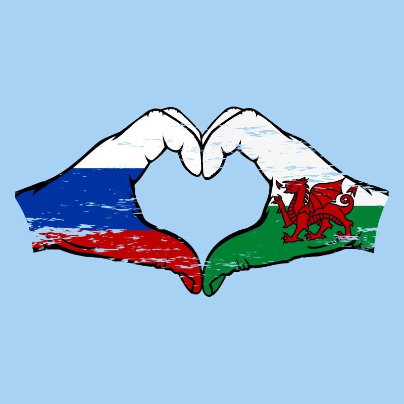 Russie Drapeau Pays de Galles mains forme de coeur utilisé