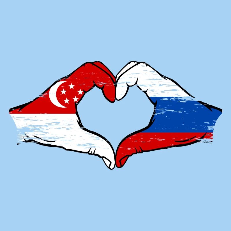 Singapour Russie Drapeau Mains Coeur Forme Utilisé