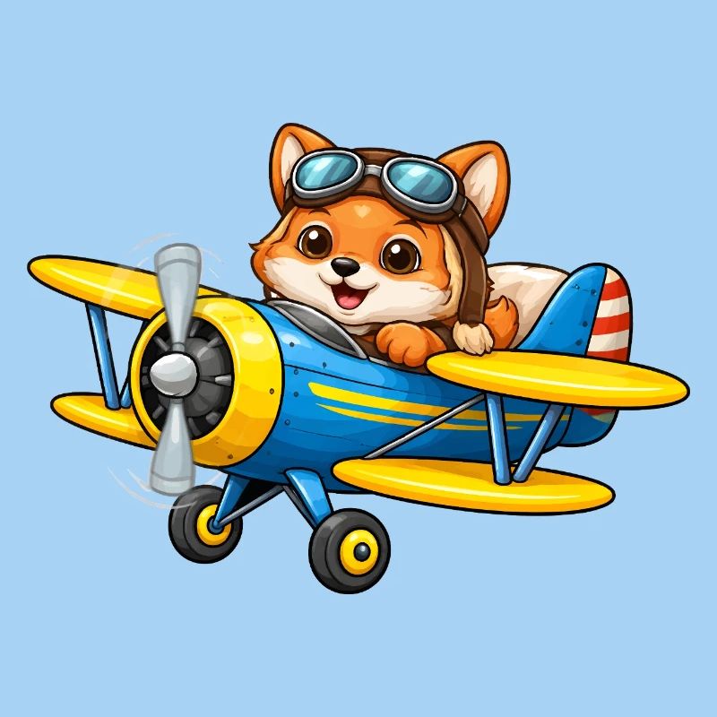 Fuchs Pilot Doppeldecker Flugzeug Cartoon  