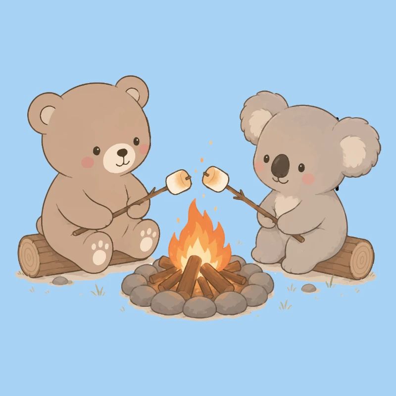 Bear and koala at the campfire with marshmallows