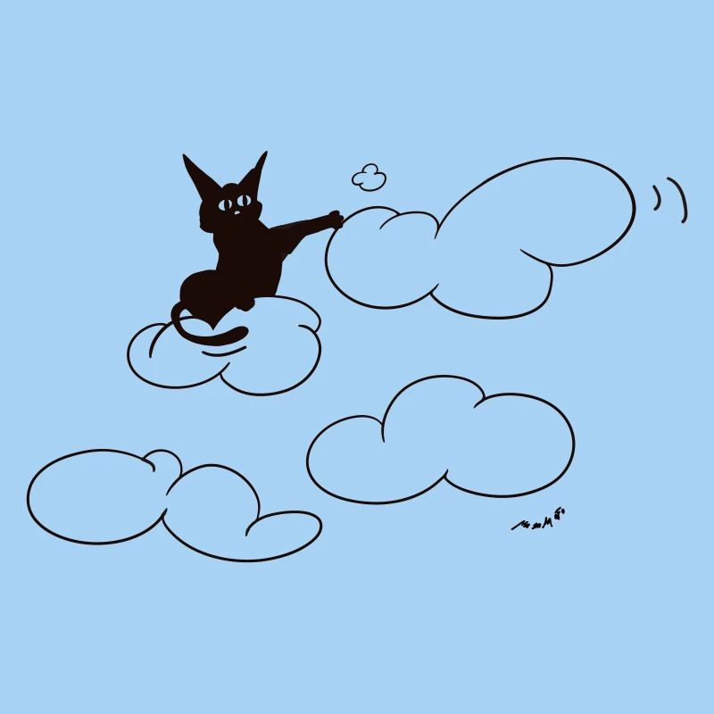 A cute black kitty poking a fluffy cloud. Comical.