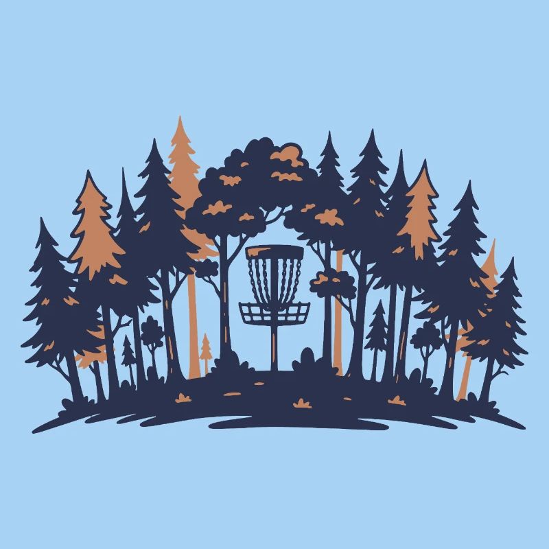 Disc-Golf-Szene Wald-Korb-Silhouette