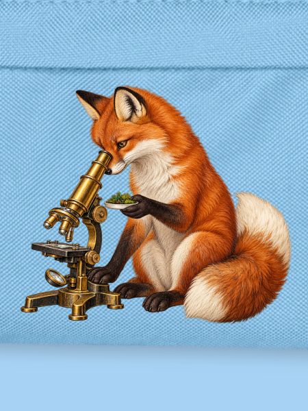 Fuchs mit Moos und Mikroskop