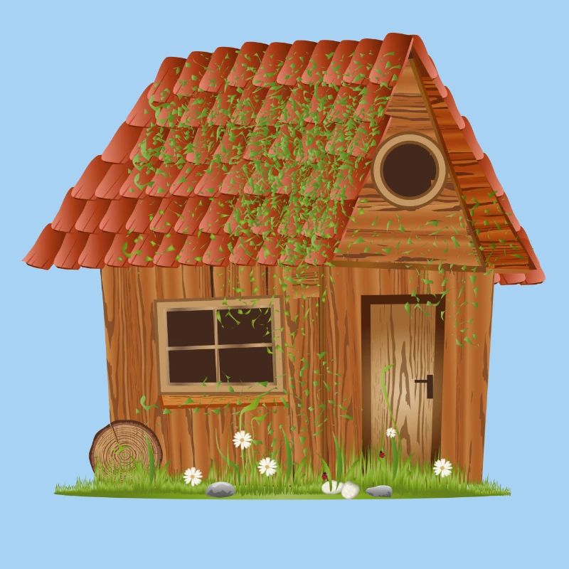 small windswept rustic hut