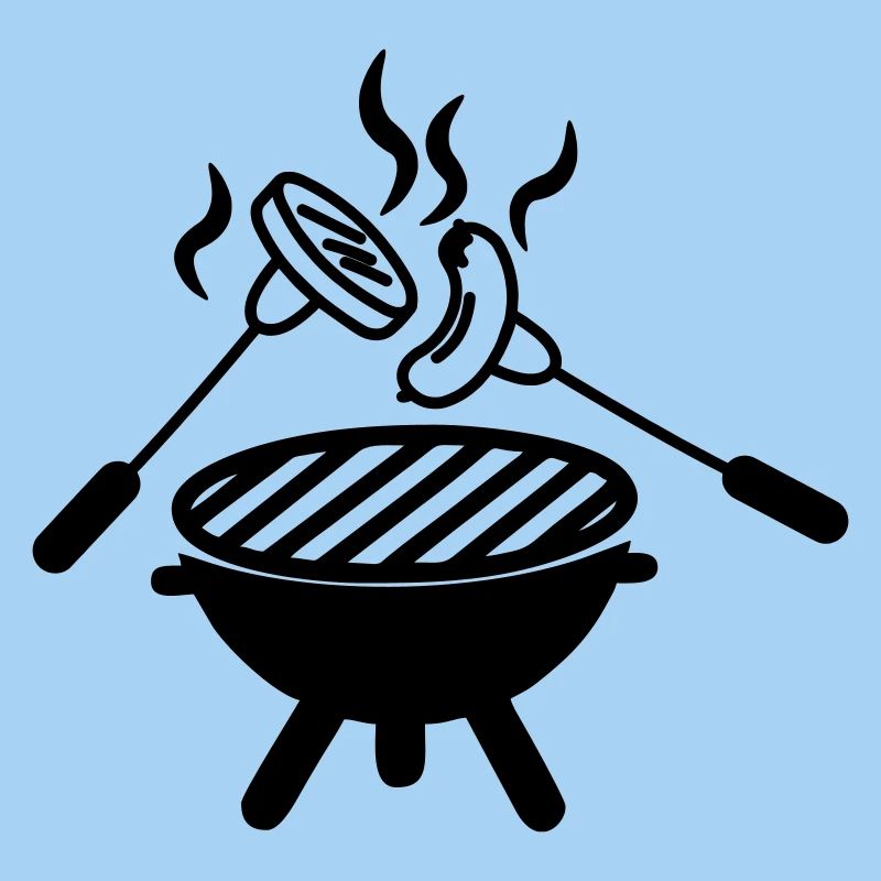 BBQ-Grill darüber Gabeln mit Wurst