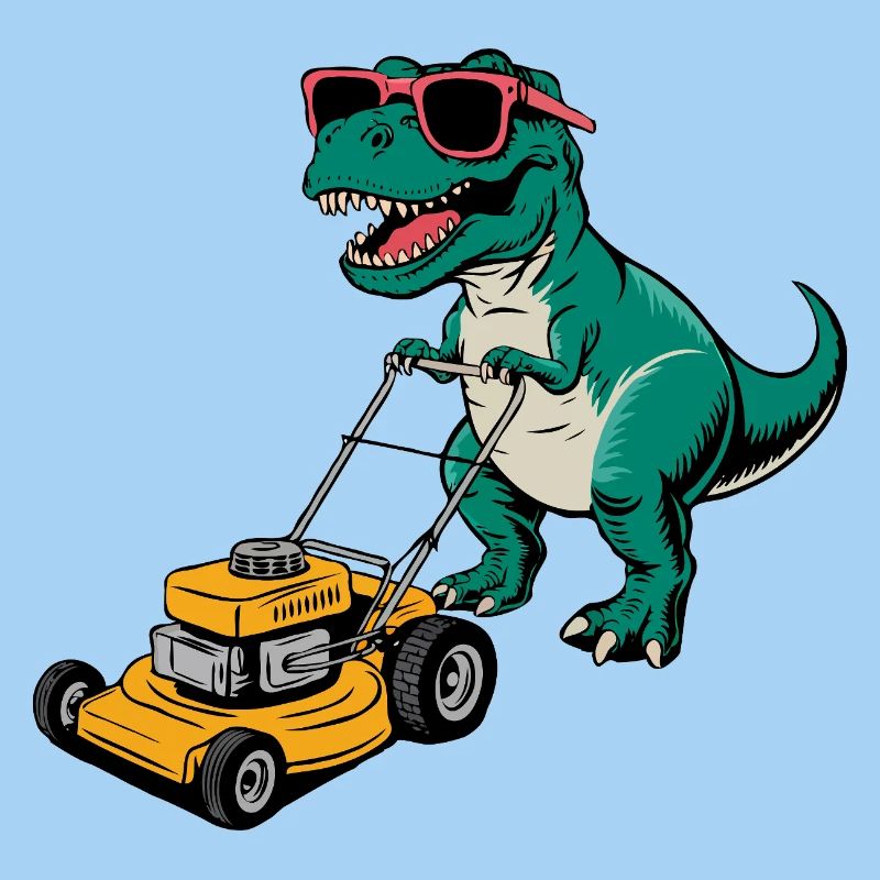 Dinosaur with Sunglasses Mowing Lawn