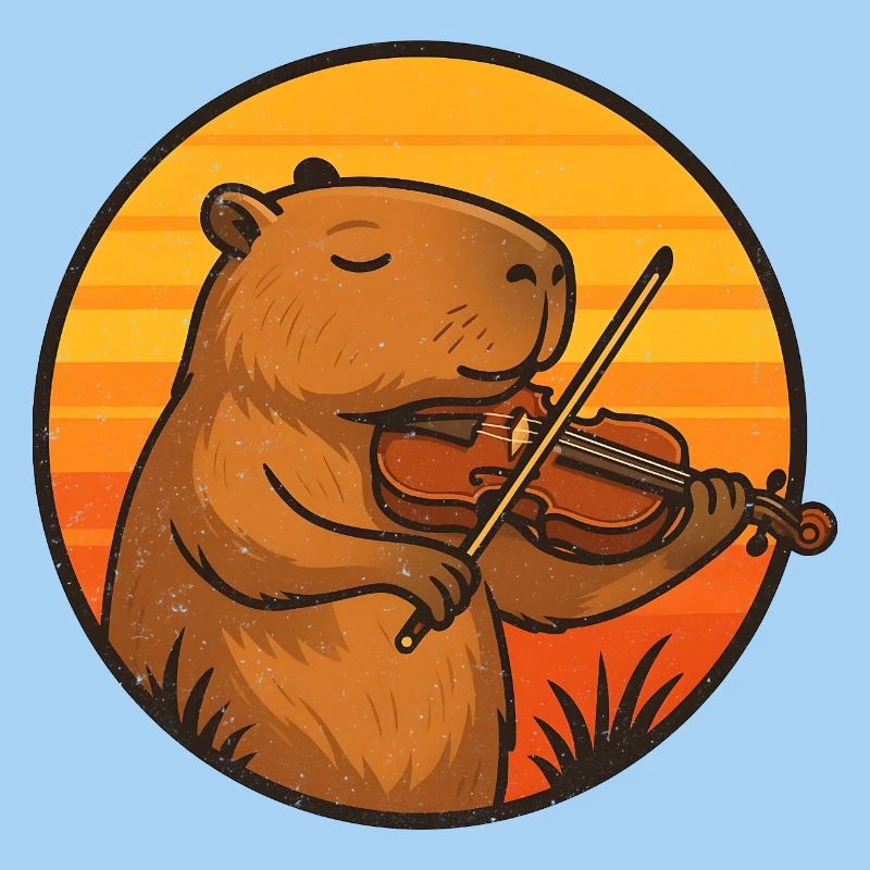 Capybara plays violin in sunset